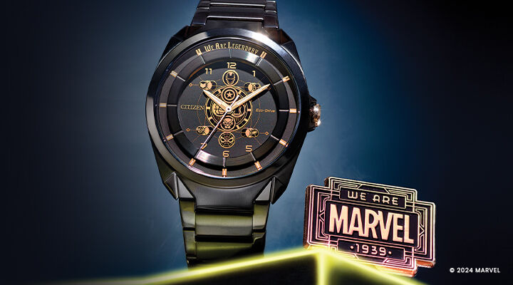 Citizen Marvel Legends 85th Anniversary boxed watch set and pin. Model AW2085-61W